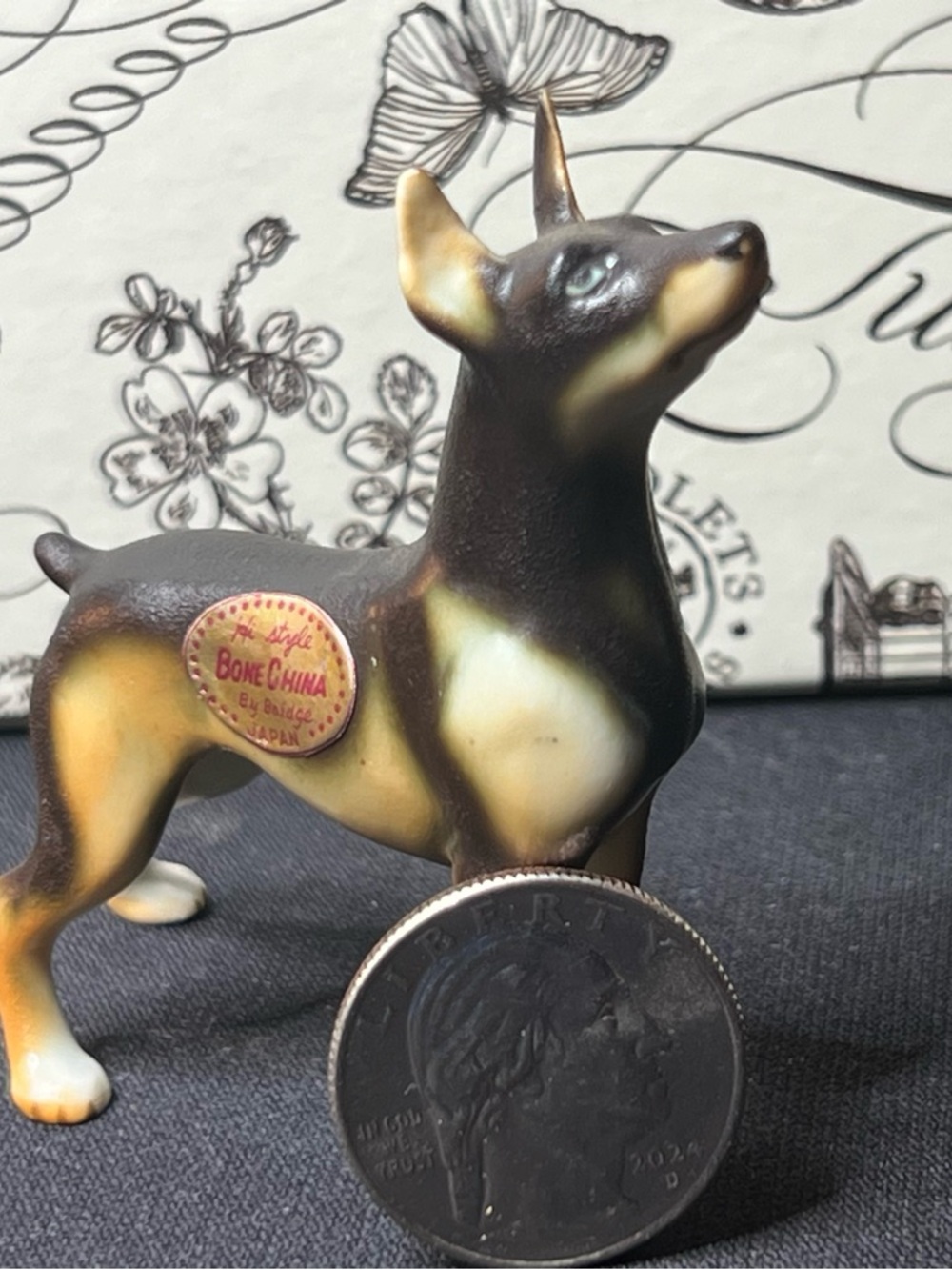Vintage Bone China Miniature Doberman Pinscher Figurine by Bridge- Brown & Cream